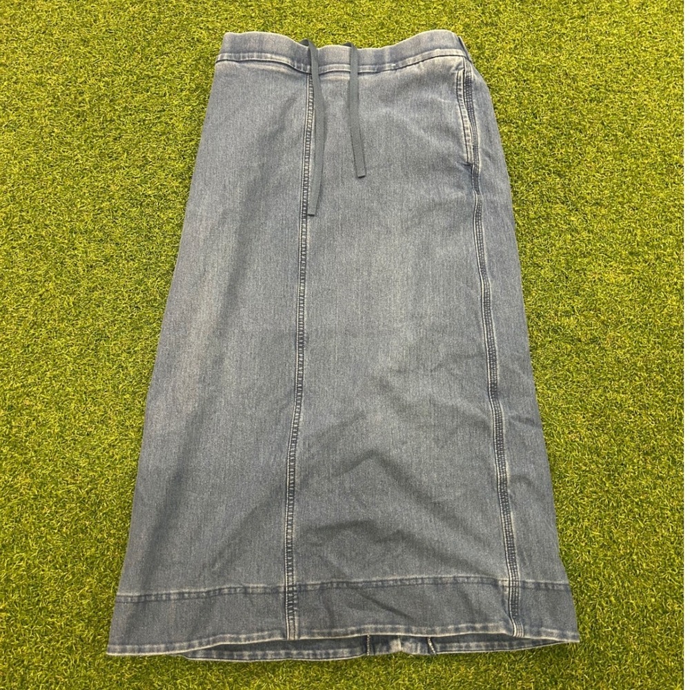 Uniqlo Womens Medium Wash Denim Midi Skirt Elastic Drawstring Waist Blue Size S
